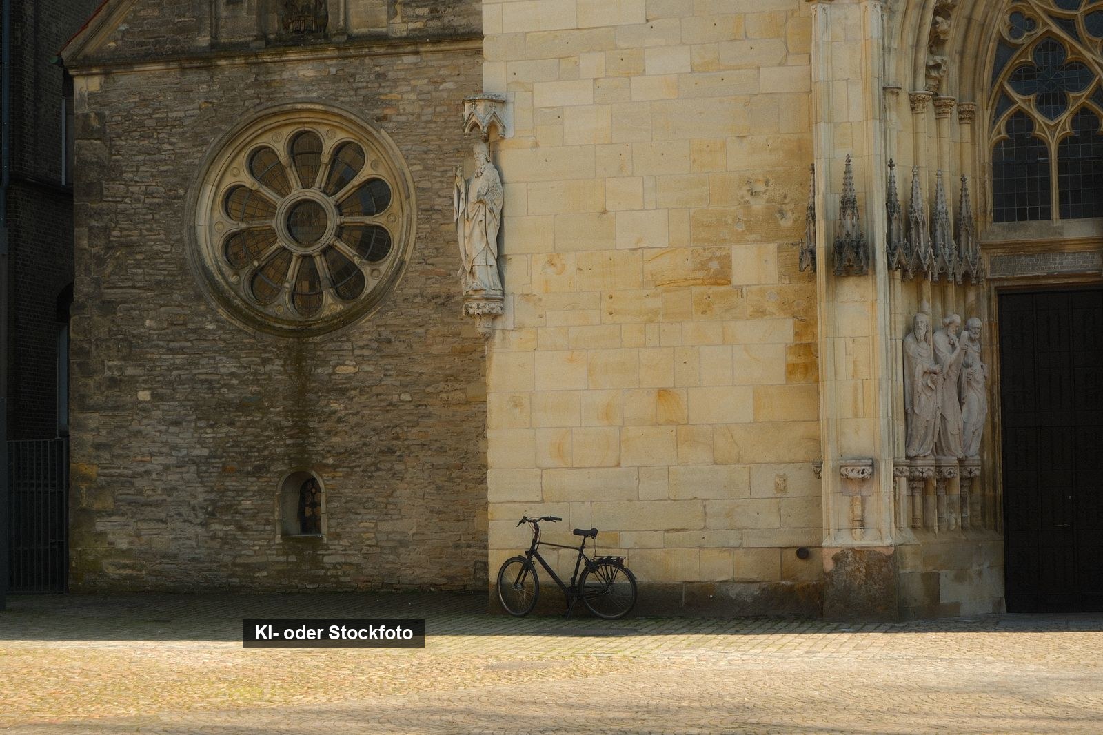 Fahrrad an der Wand einer historischen Kirche mit Rosettenfenster in Münster