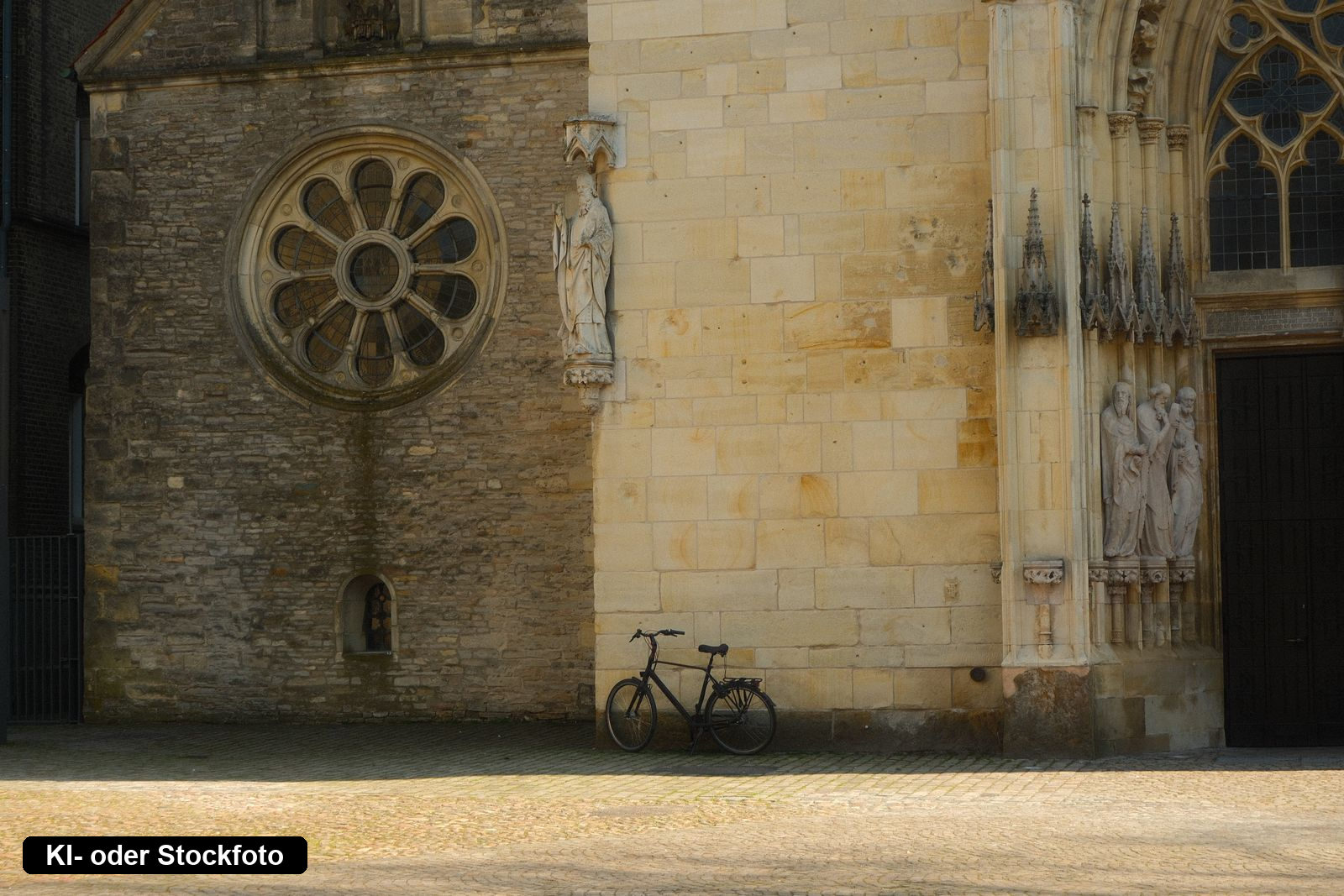 Fahrrad an der Wand einer historischen Kirche mit Rosettenfenster in Münster