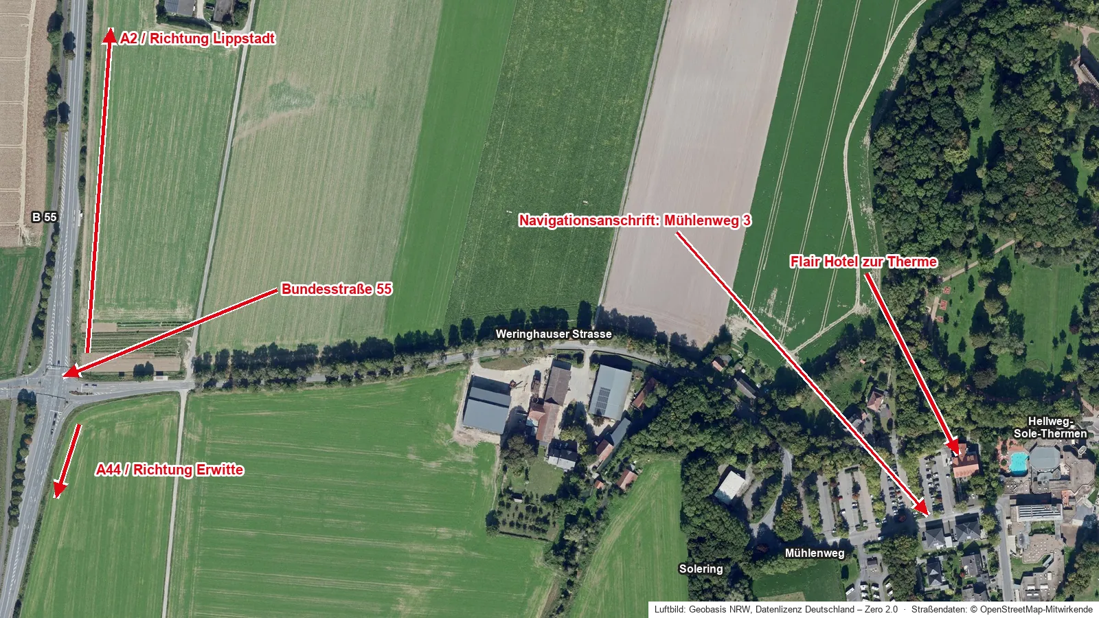 Luftbild-Lageplan: Anfahrt zum Flair Hotel zur Therme über die Bundesstraße 55 und die Weringhauser Strasse, Navigationsanschrift Mühlenweg 3, direkt neben den Hellweg-Sole-Thermen