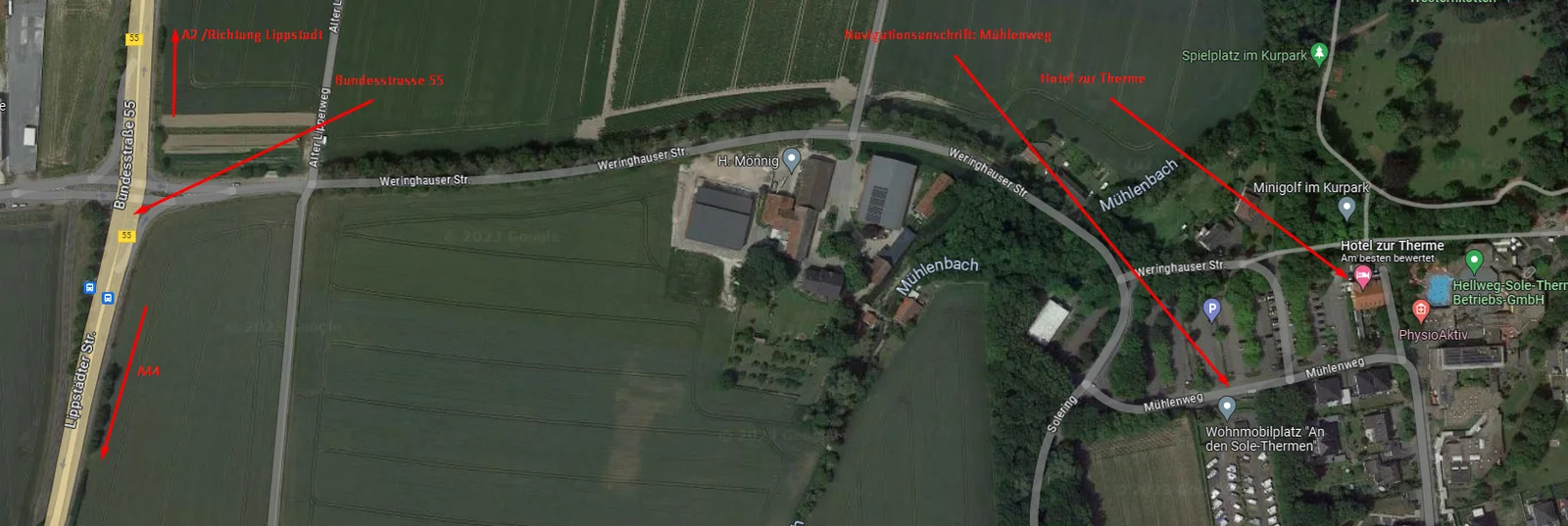 Lageplan: Anfahrt zum Flair Hotel zur Therme über die Bundesstraße 55 und die Weringhauser Strasse, Navigationsanschrift Mühlenweg