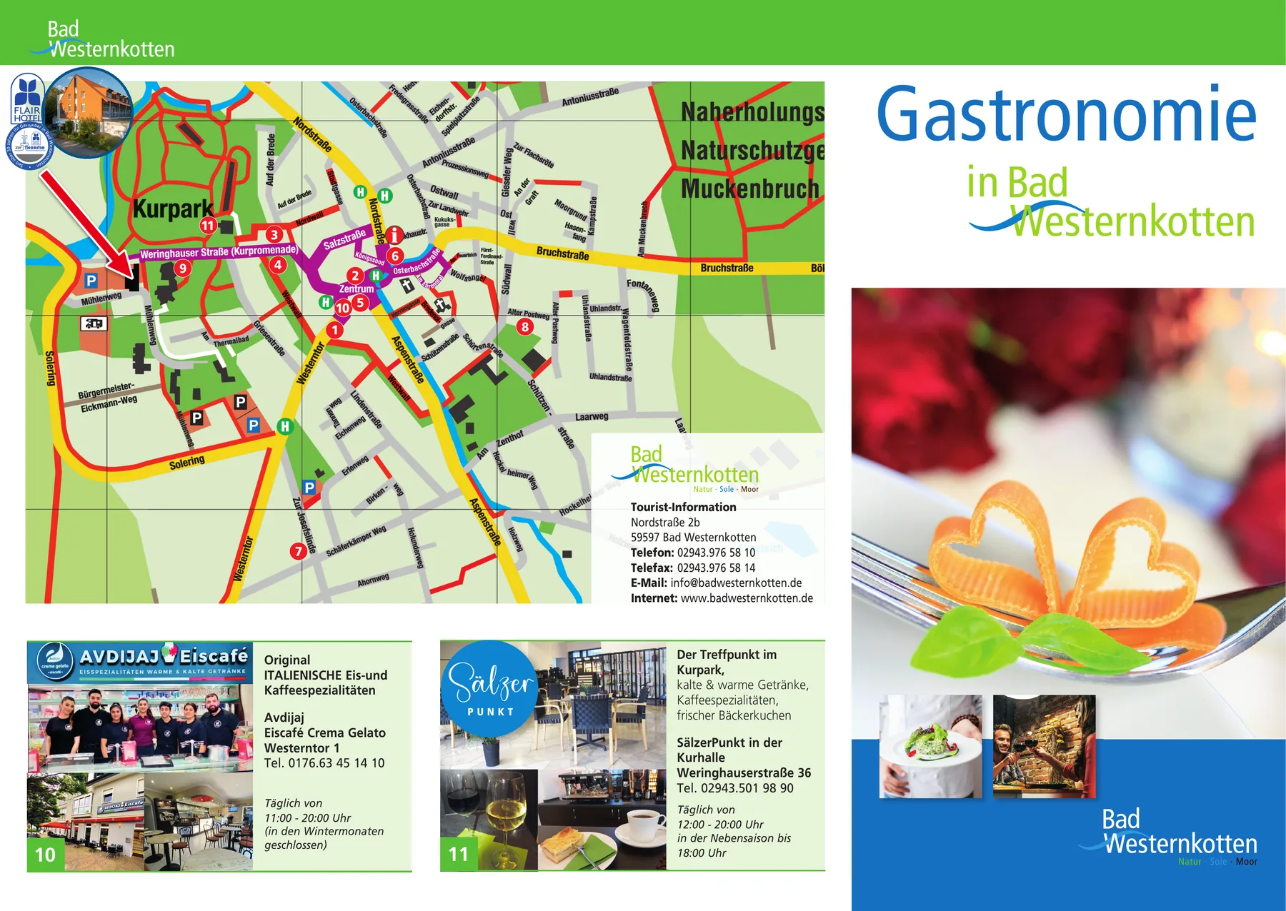 Gastronomieführer Bad Westernkotten, Seite 1: Ortsplan mit nummerierten Gastronomiebetrieben sowie Anschriften und Öffnungszeiten
