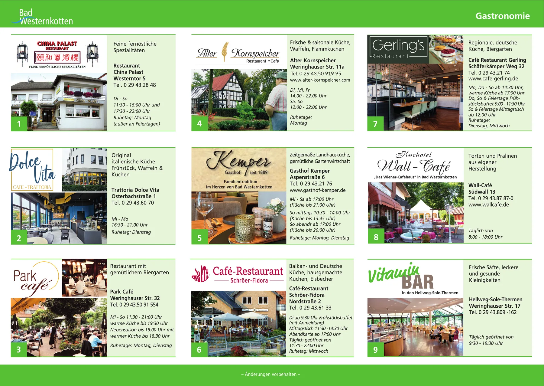 Gastronomieführer Bad Westernkotten, Seite 2: weitere Restaurants, Cafés und Gasthöfe mit Kontaktdaten und Öffnungszeiten